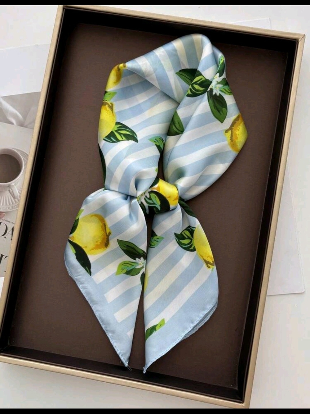 Lemon Print Blue Stripe Scarf 26.4"*26.4" - Picture 2 of 2